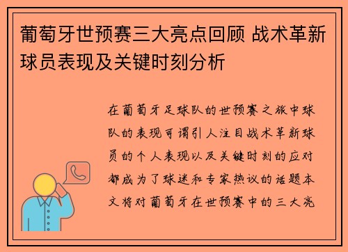 葡萄牙世预赛三大亮点回顾 战术革新球员表现及关键时刻分析